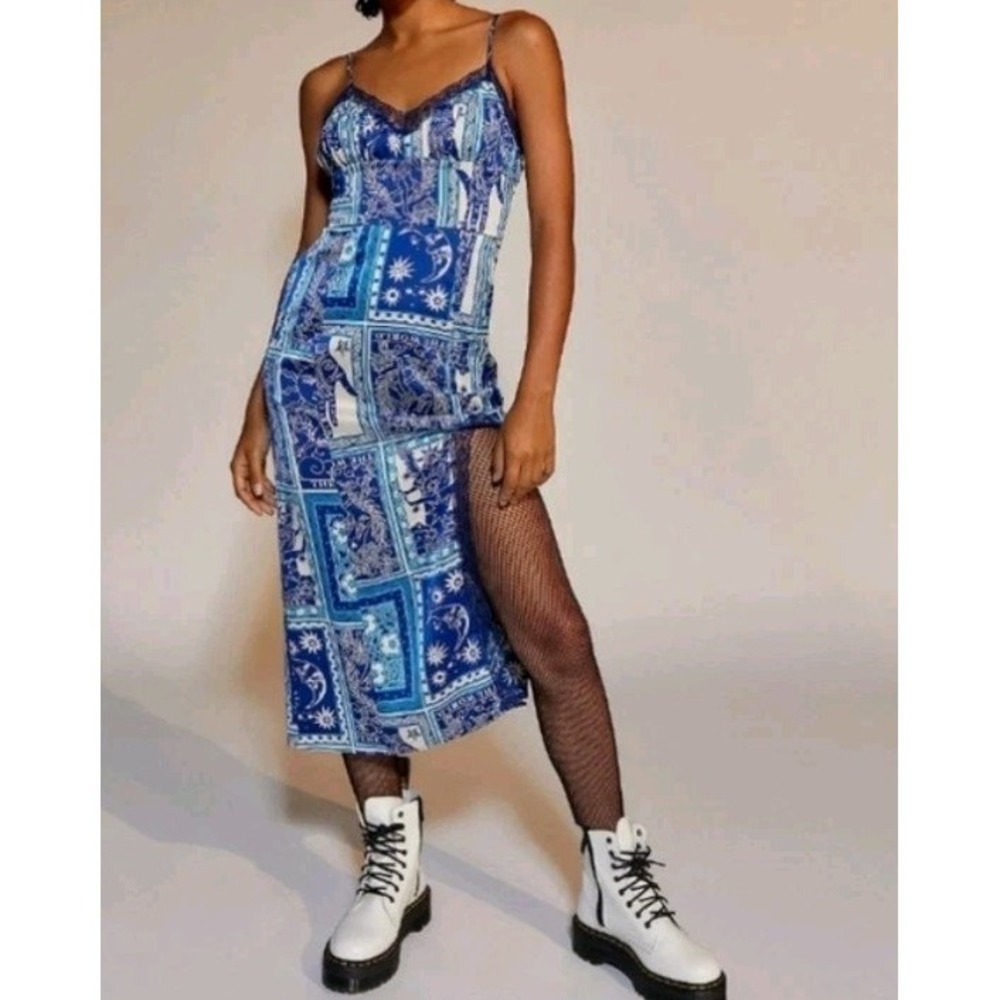 Urban Outfitters Celestial Lace Midi Slip Dress Small Blue White Tarot Witchy